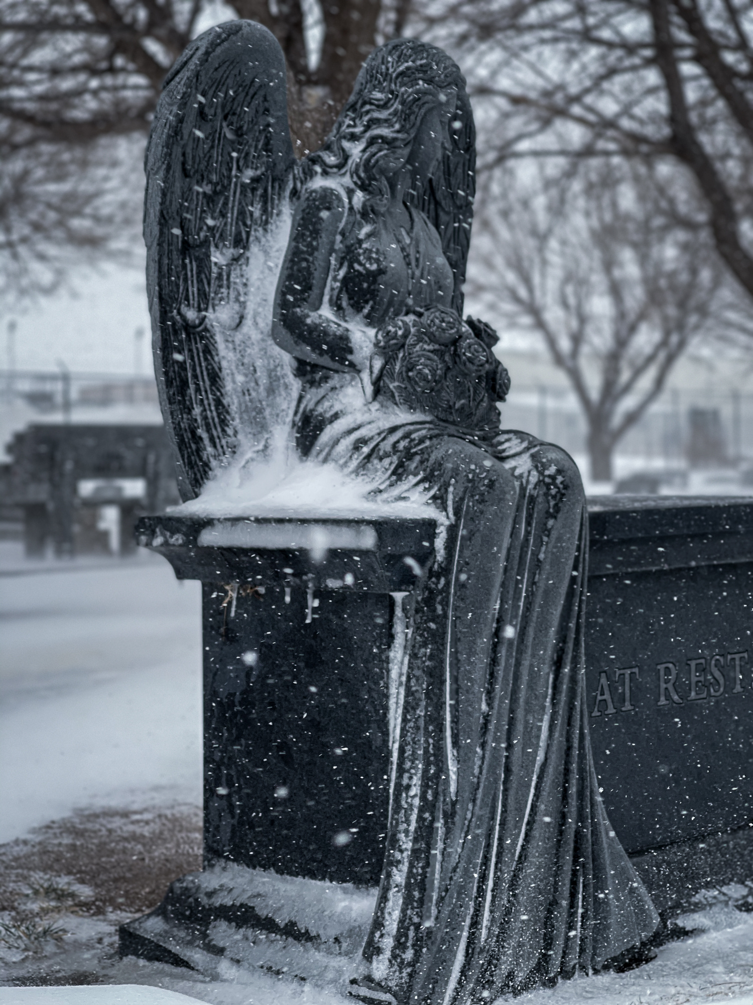 Quiet Echo After Dark — Angel Snow-covered cemetery angel statue for Quiet Echo After Dark